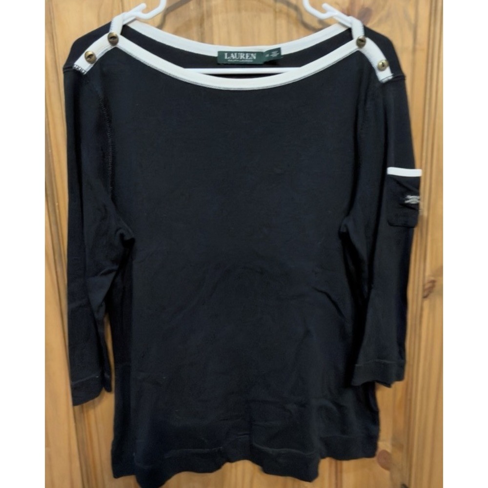 Lauren Ralph Lauren Womens 1X Black Tunic Top White Trim Button Shoulder Plus